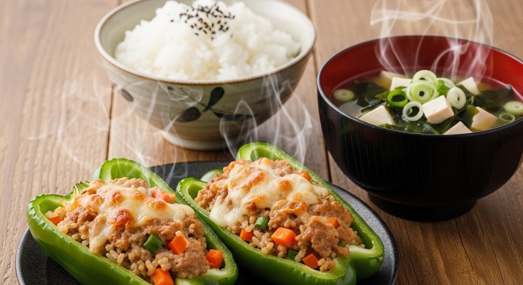 摩訶不思議食堂のピーマンの肉詰め定食