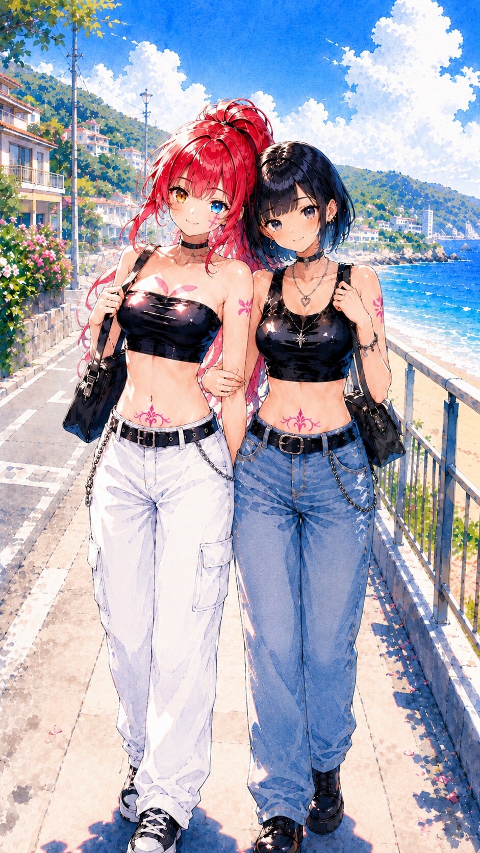海沿いの街をデートするRINAとAYA