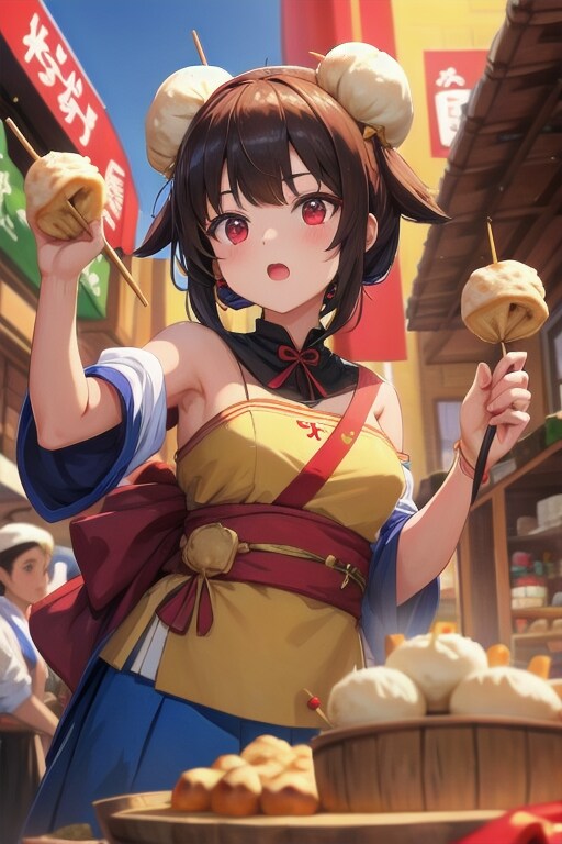 頭に串団子を載せている女の子、