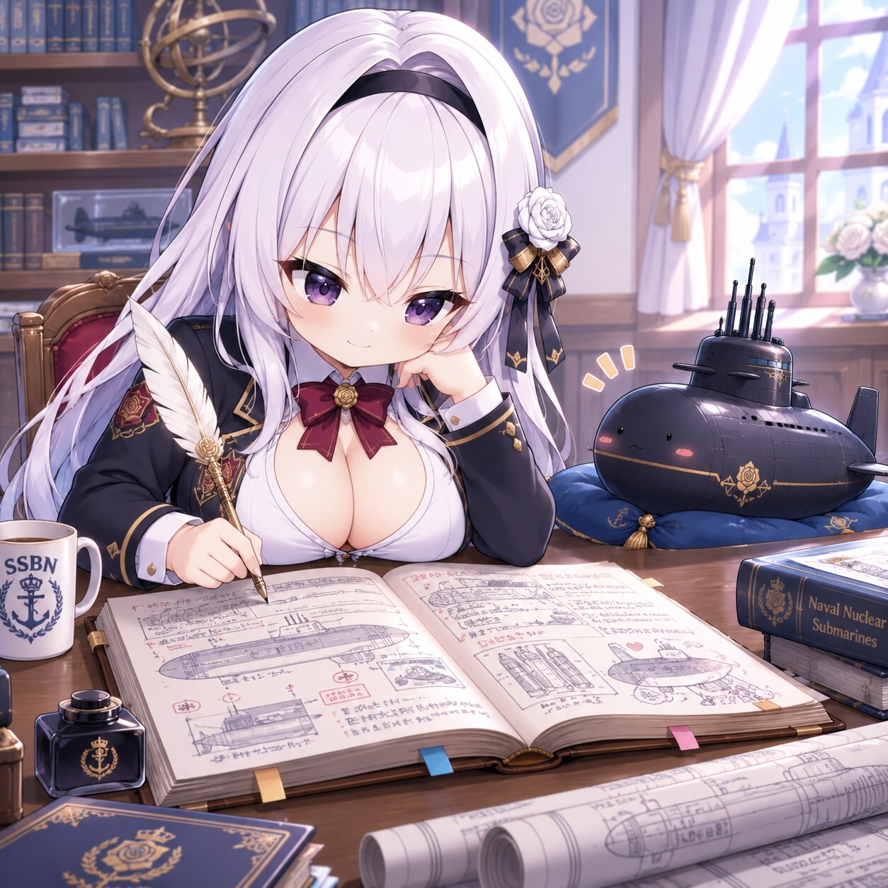 書き物をする貴音さんと見守るSSBN