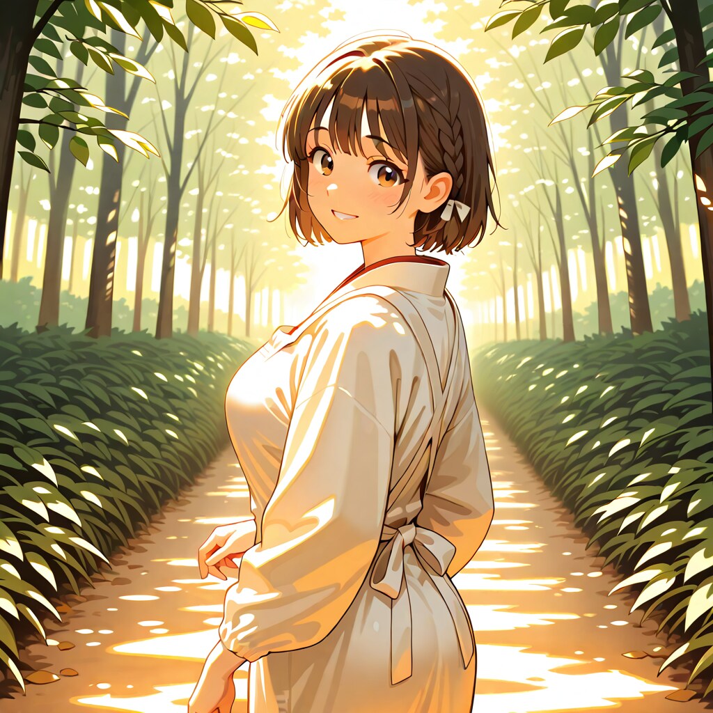 割烹着の女性　木漏れ日の下を歩く　LILY版