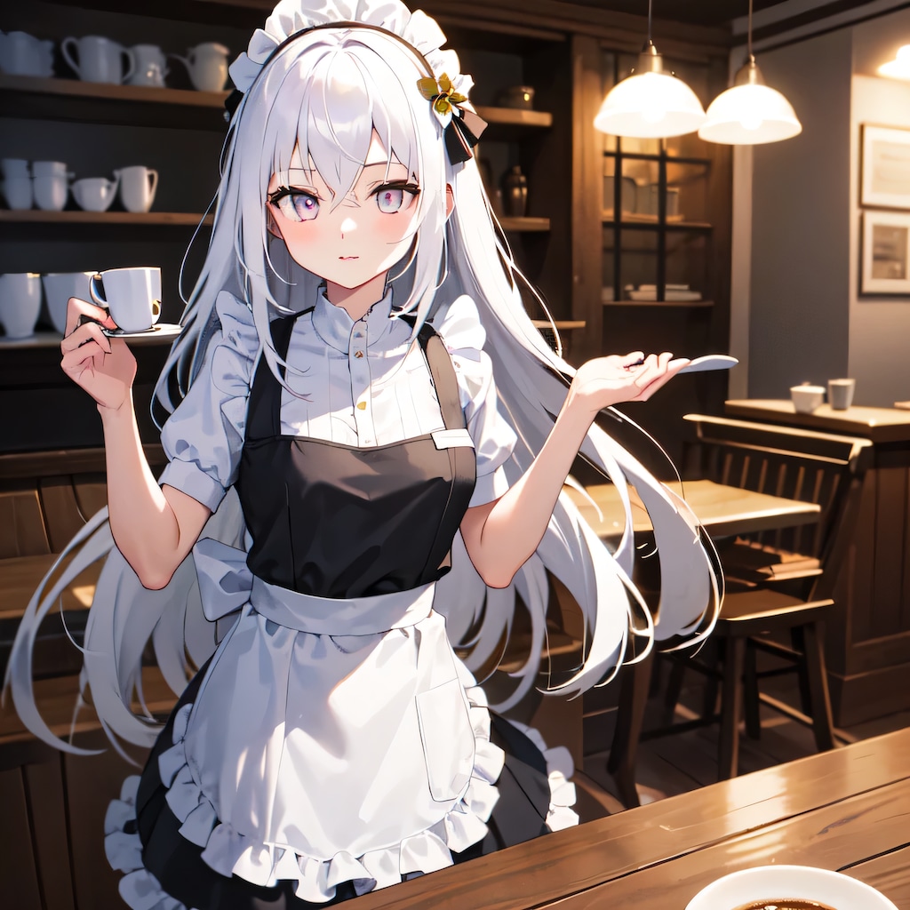白髪ロングでカフェの少女５