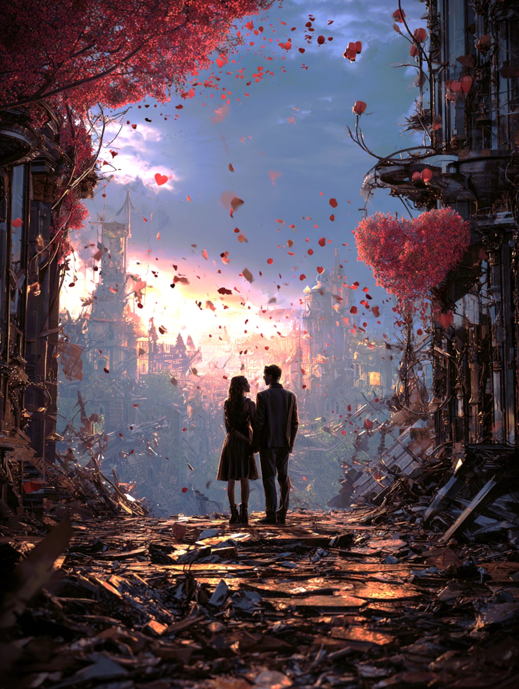 In a town where flower petals fall