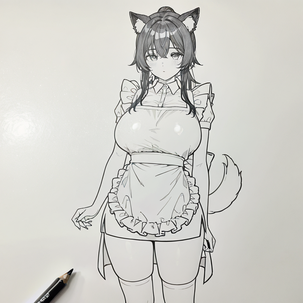 鉛筆イラスト風でネコ耳エプロン