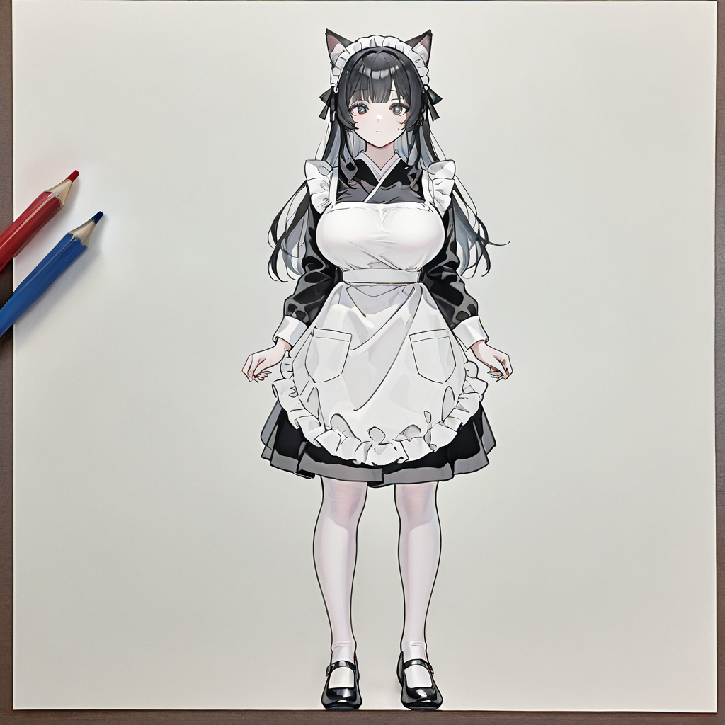 鉛筆イラスト風でネコ耳エプロン