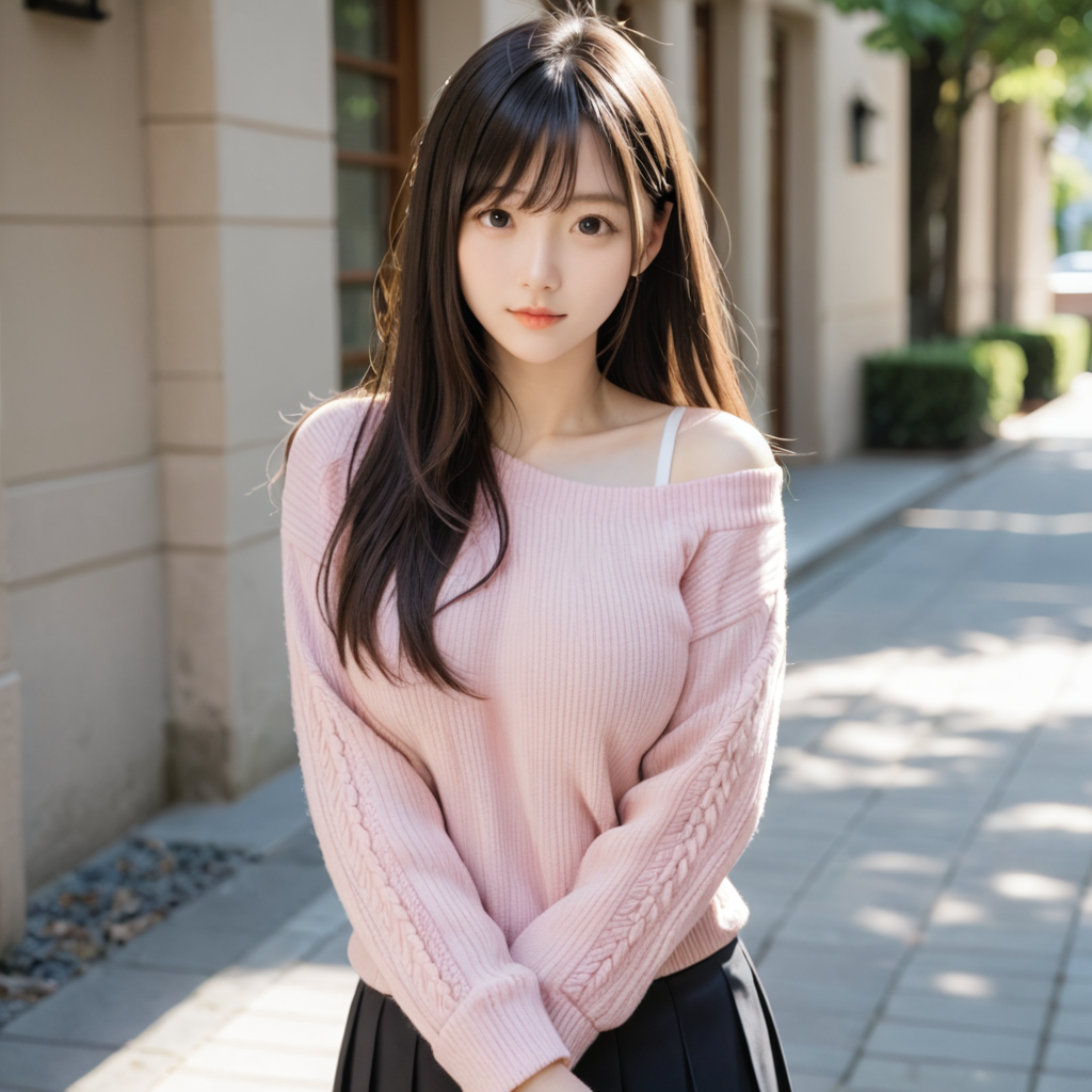 清楚でかわいいこ　着用５　ピンクの肩だしセーター