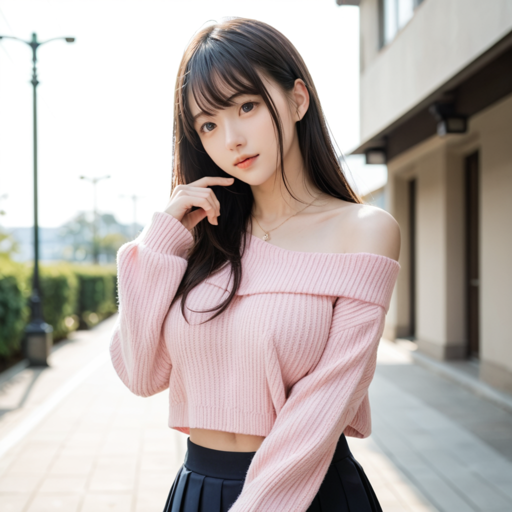 清楚でかわいいこ　着用５　ピンクの肩だしセーター