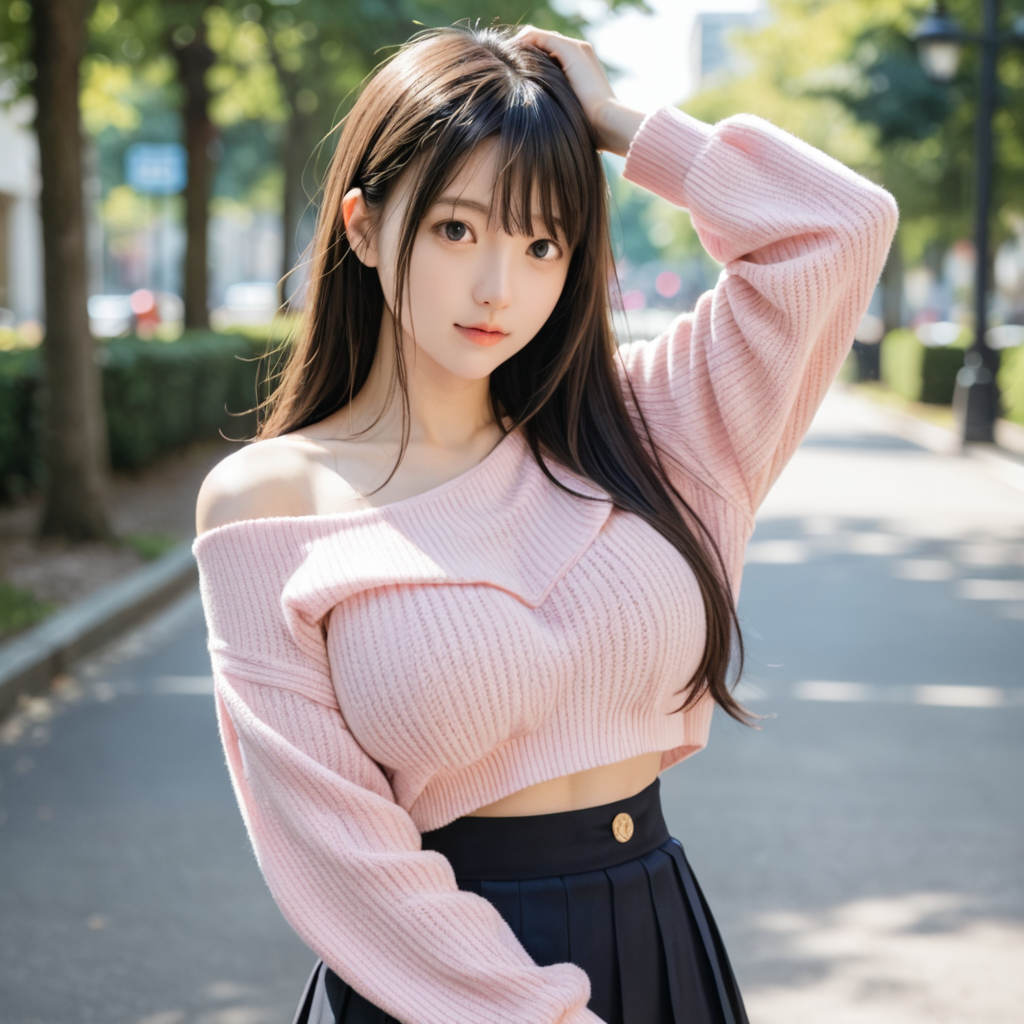 清楚でかわいいこ　着用５　ピンクの肩だしセーター