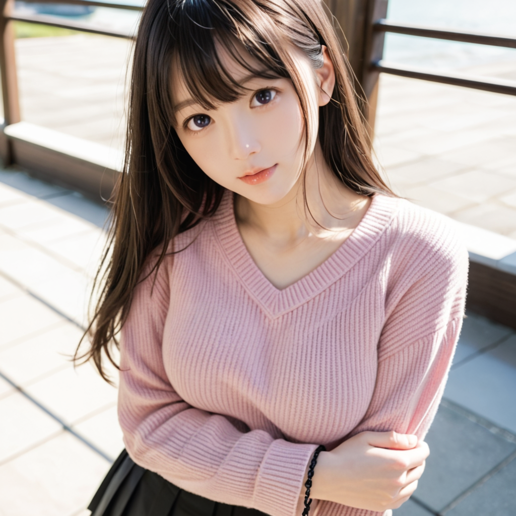 清楚でかわいいこ　着用５　ピンクの肩だしセーター