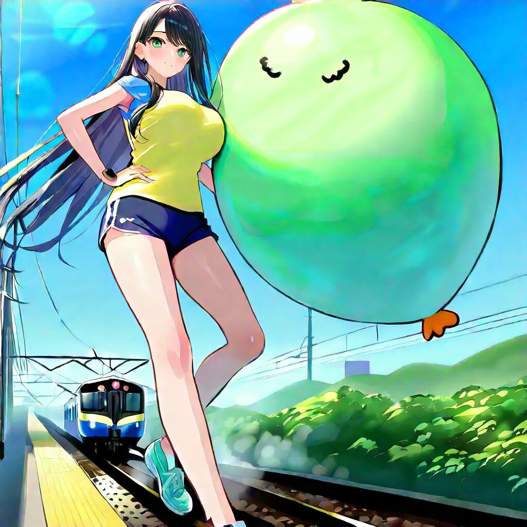 電車の駅のホームで緑色の巨大風船を膨らませる黒髪ロングの美女 | の人気AIイラスト・グラビア