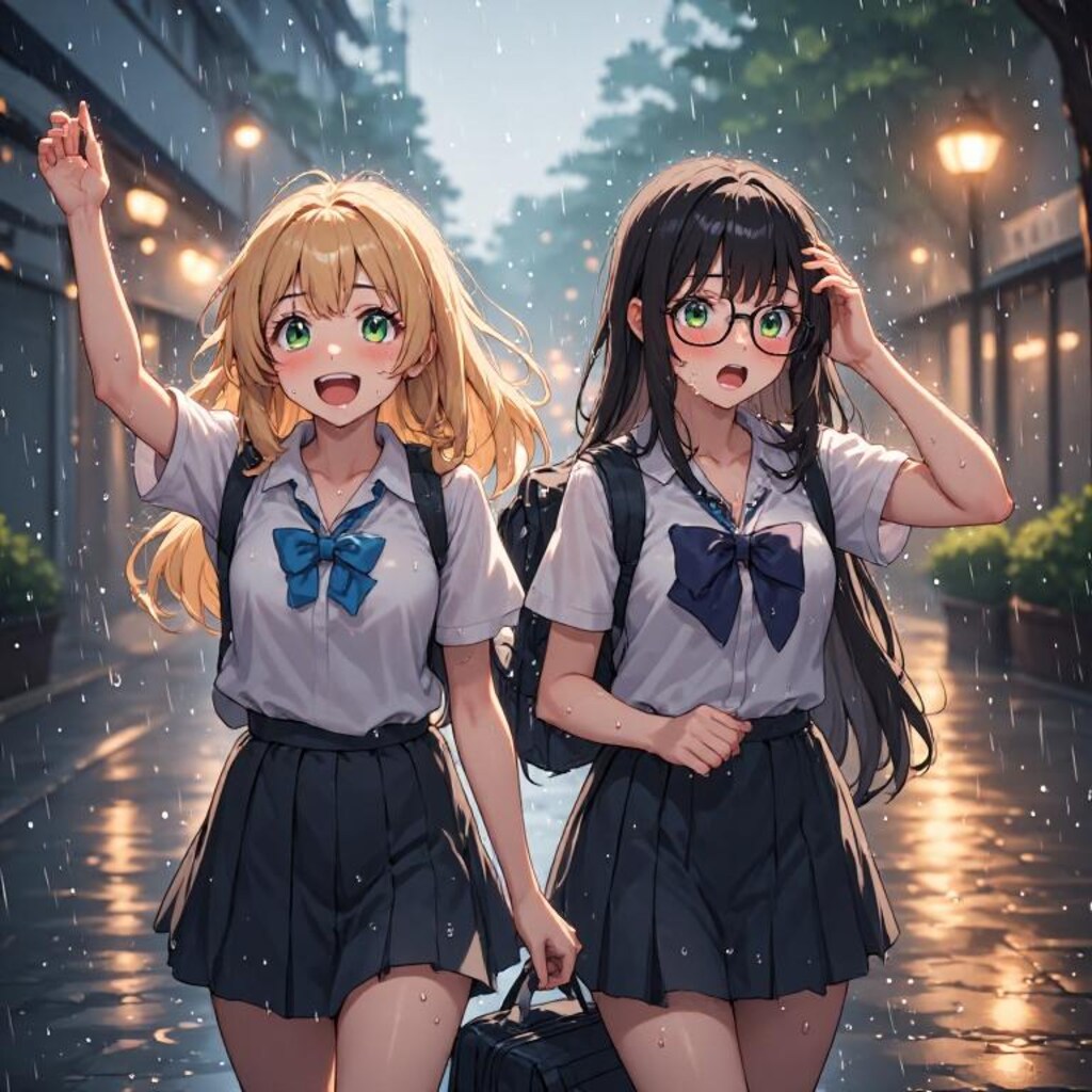 金髪ギャルと黒髪メガネ　突然の雨編