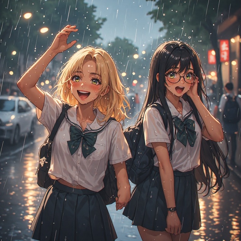 金髪ギャルと黒髪メガネ　突然の雨編