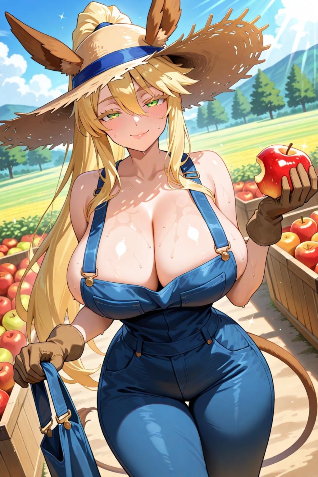果物食べてアピールするロバ娘農家コスプレ金髪人妻