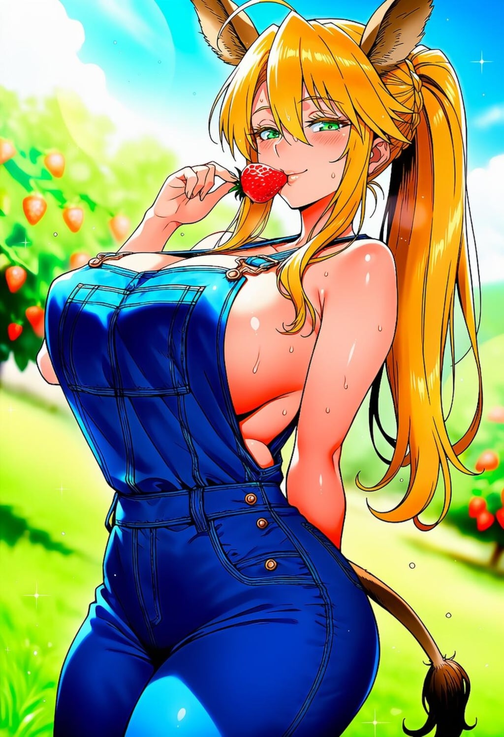 果物食べてアピールするロバ娘農家コスプレ金髪人妻