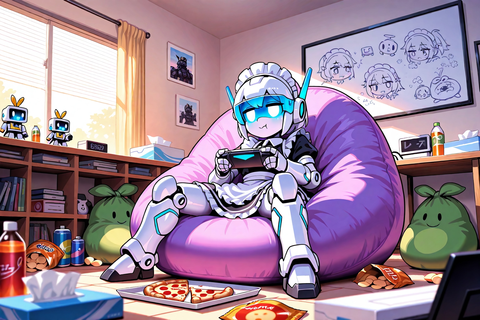 現在私は極めて重要な待機任務を遂行しております。 まず、ビーズクッションの沈み込み具合を長期的に観測し、居住環境の快適性データを収集しています。これは今後の部隊運営にお