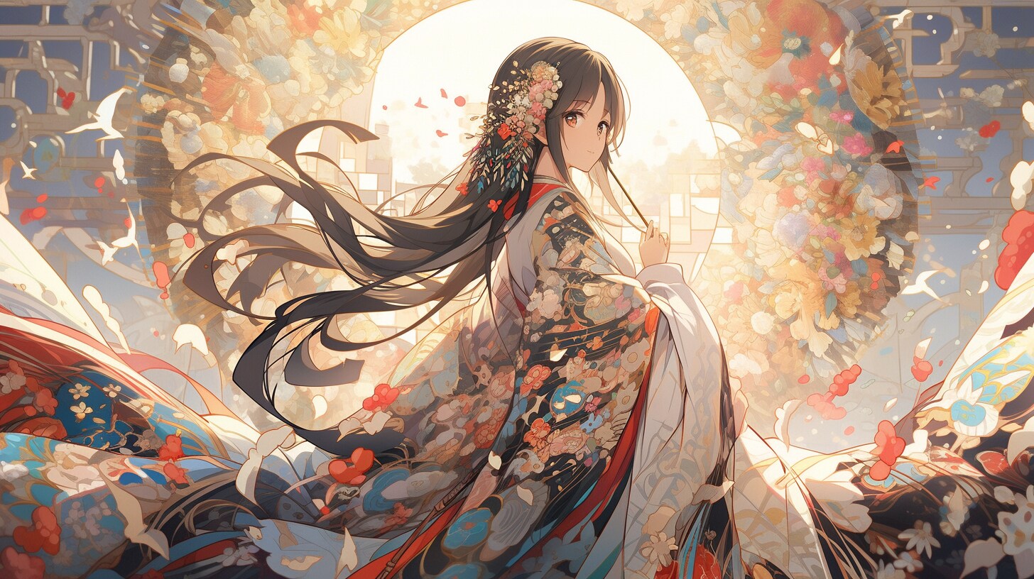 幻想の円窓で花舞う着物少女