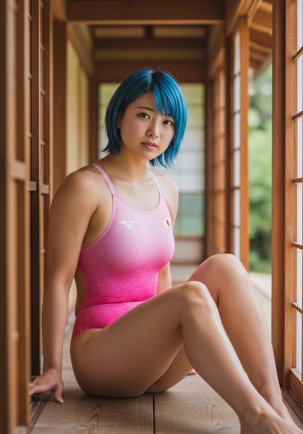 競泳水着美女、和室、もたれてる