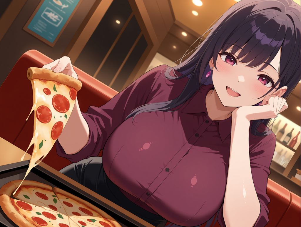 笑顔でピザを食べる涼音さん