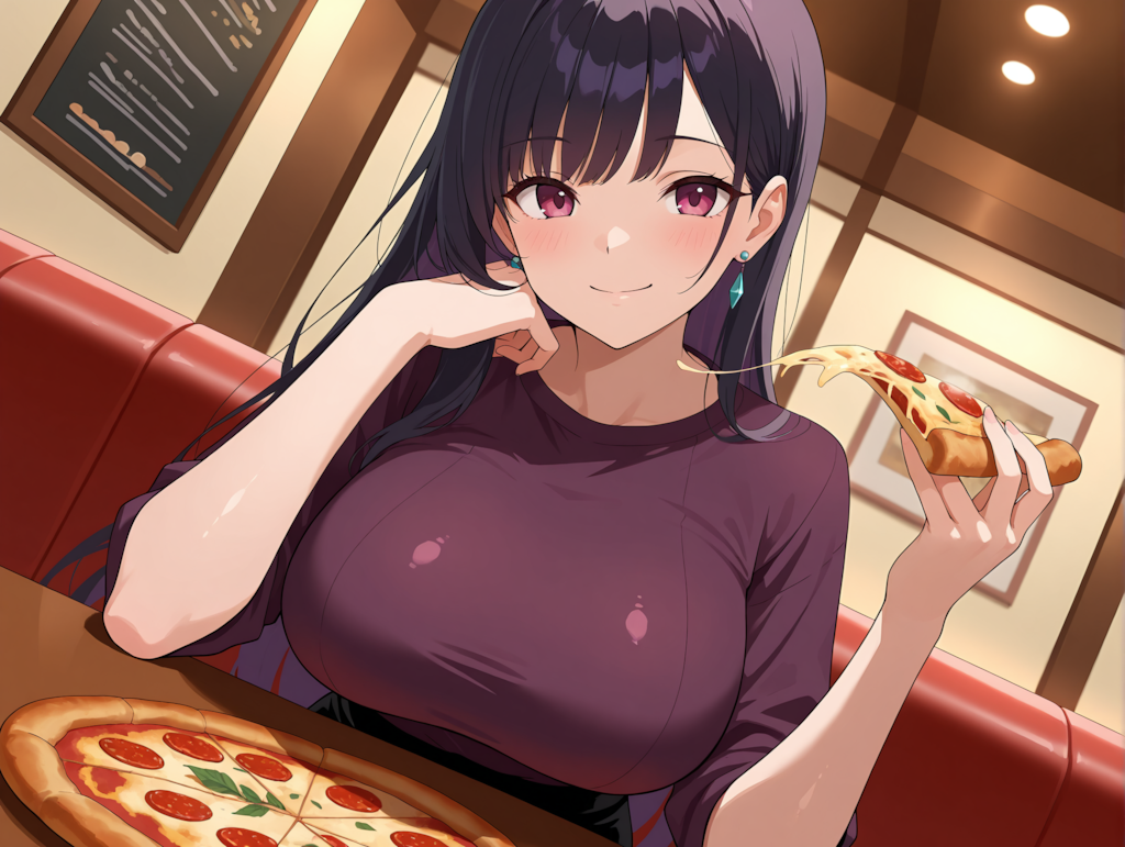 笑顔でピザを食べる涼音さん