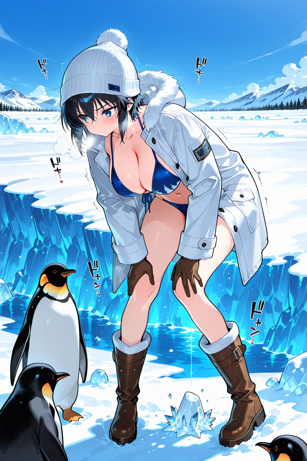 南極に降り立った白コートの水着ガール