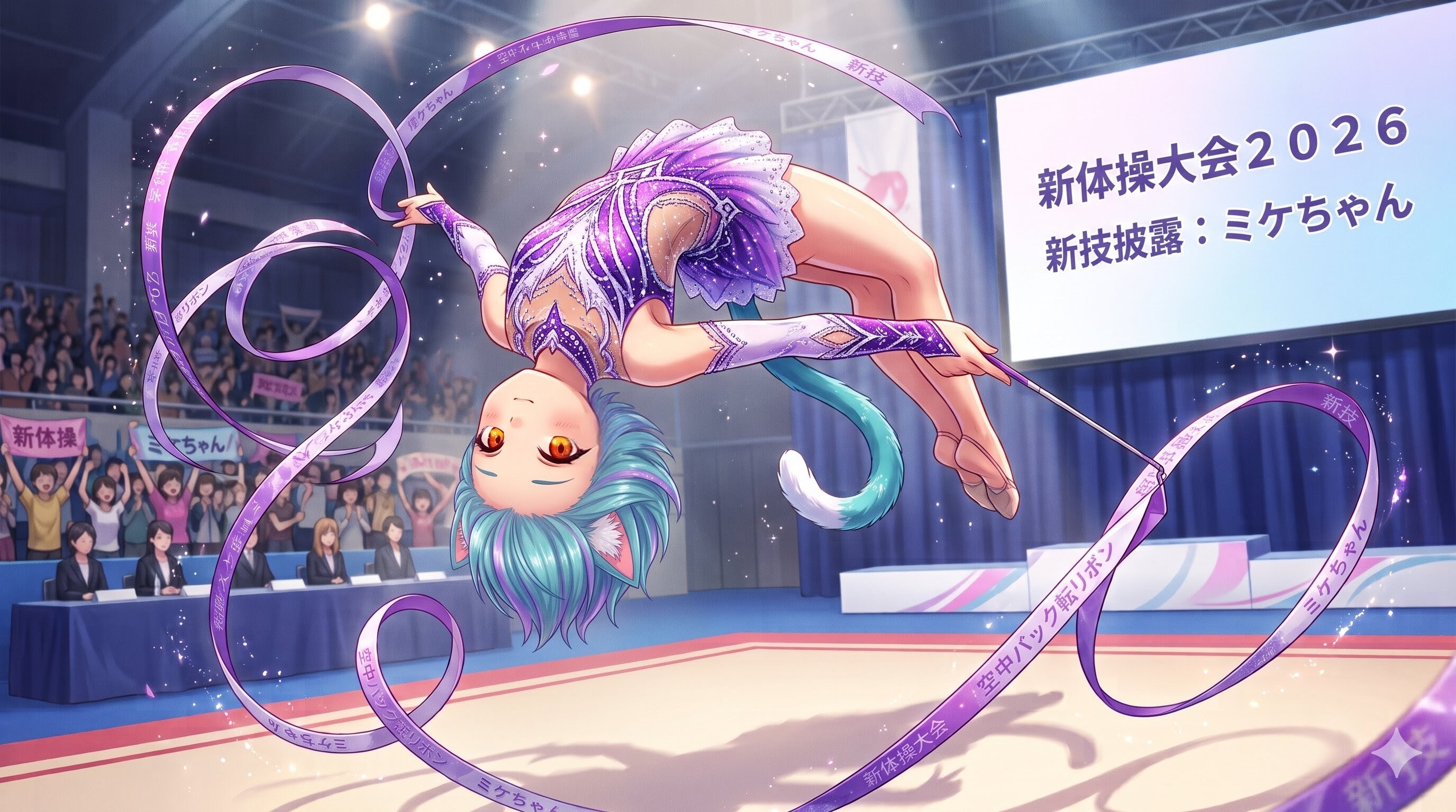 新体操で新技を披露するミケちゃん