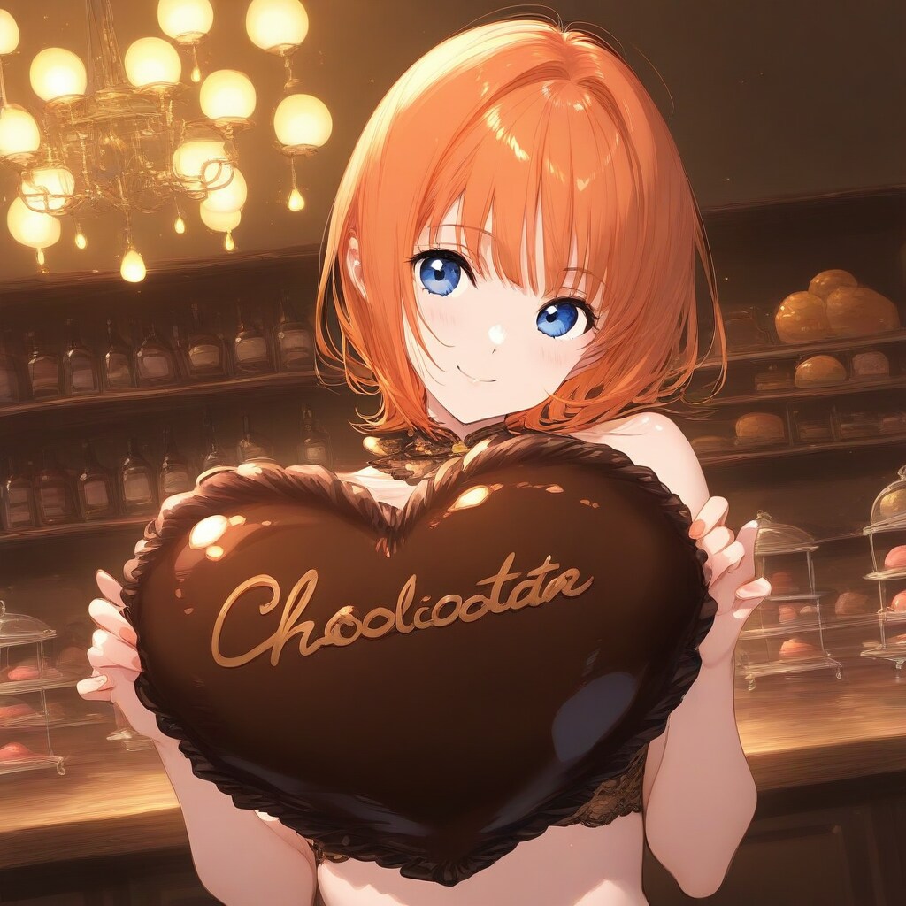 ハート風船を持つオレンジ髪ショートカットのチョコレート屋さんの美女