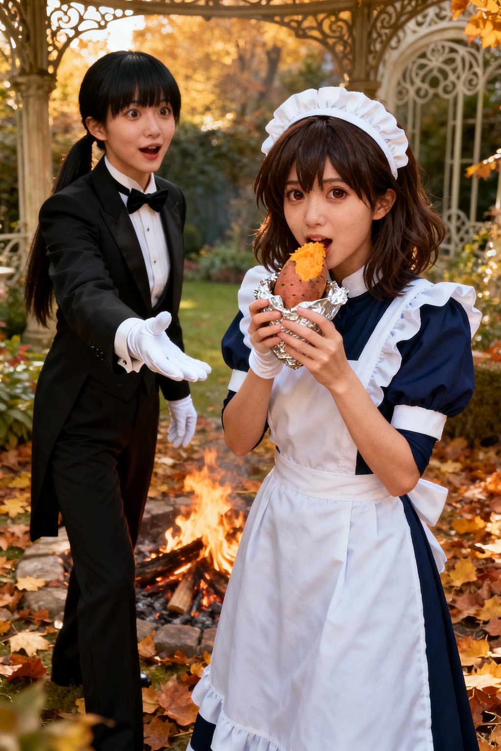 お庭で焼き芋を食べるメイド23号