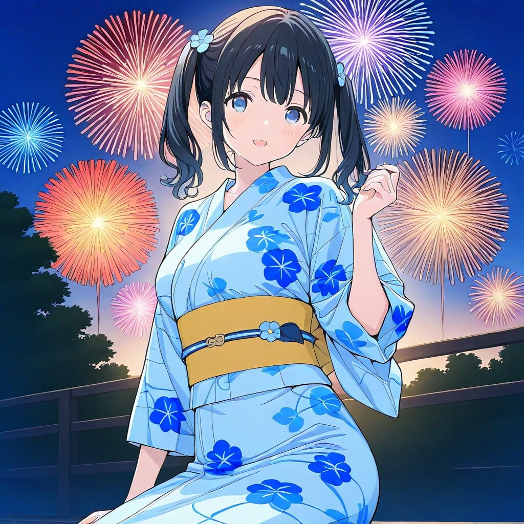 花火をバックに