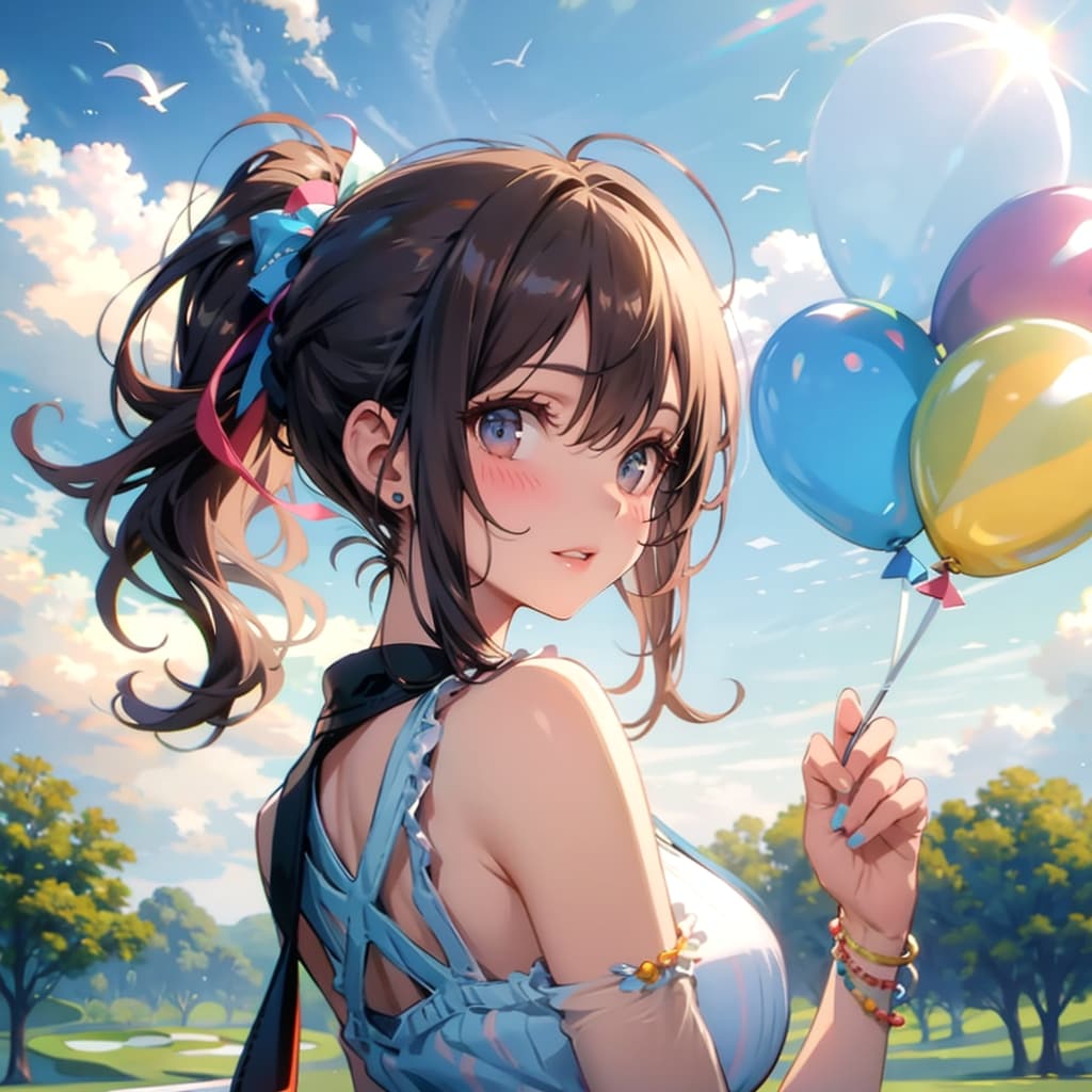 色とりどりの風船を持つブラウンポニーテールのゴルフウェア着た美女 | の人気AIイラスト・グラビア