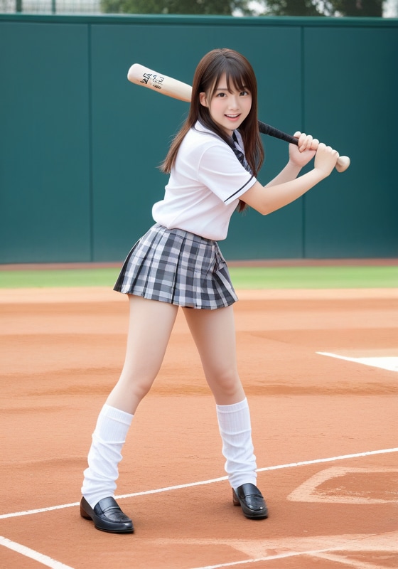 制服で野球をする女子