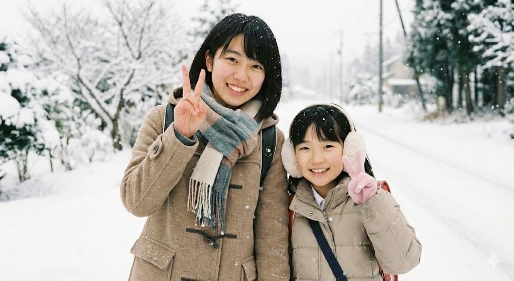 雪道を登校する姉妹