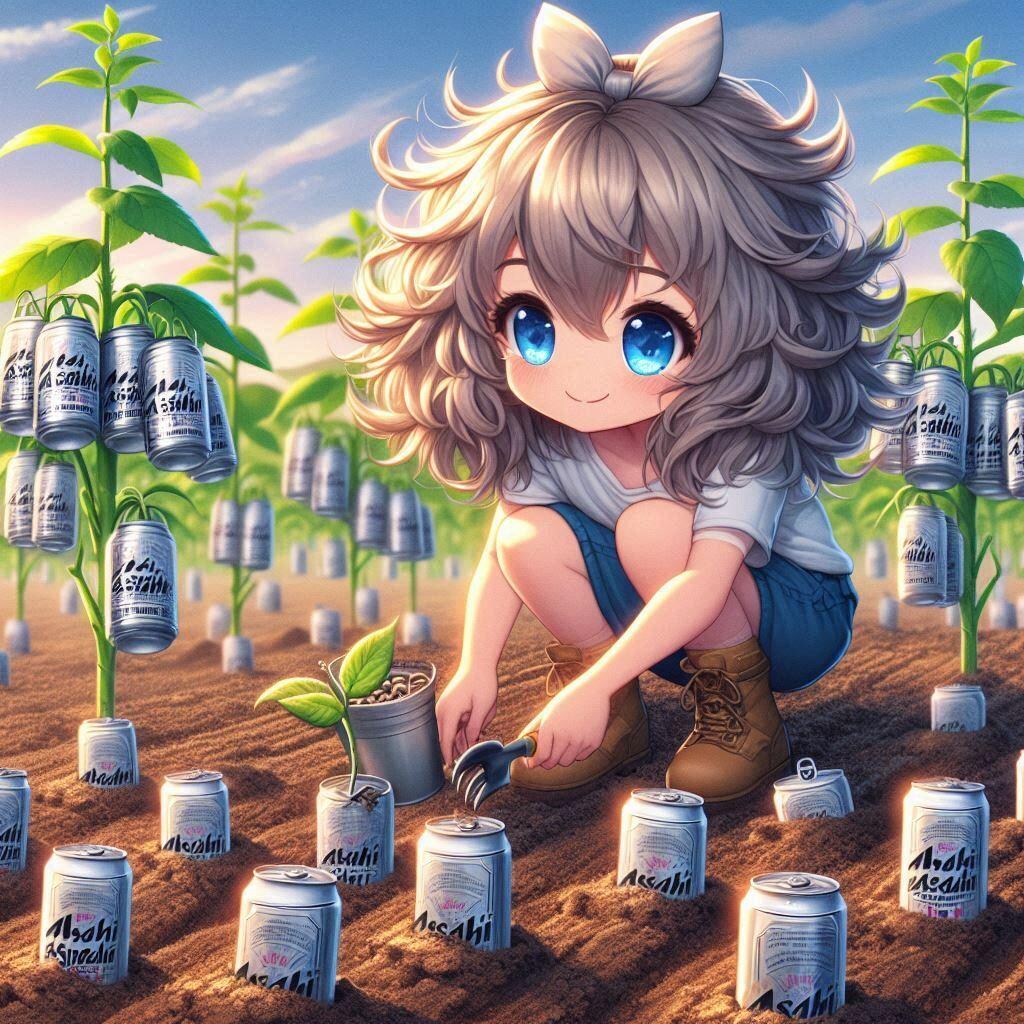 ビール缶を畑に植える小さな女の子