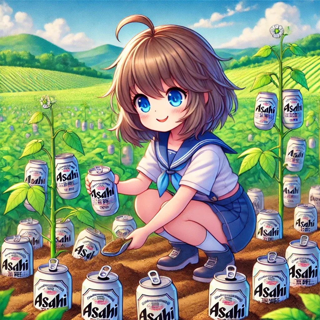 ビール缶を畑に植える小さな女の子