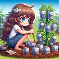 ビール缶を畑に植える小さな女の子 2枚目