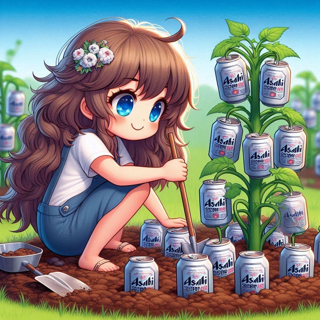 ビール缶を畑に植える小さな女の子