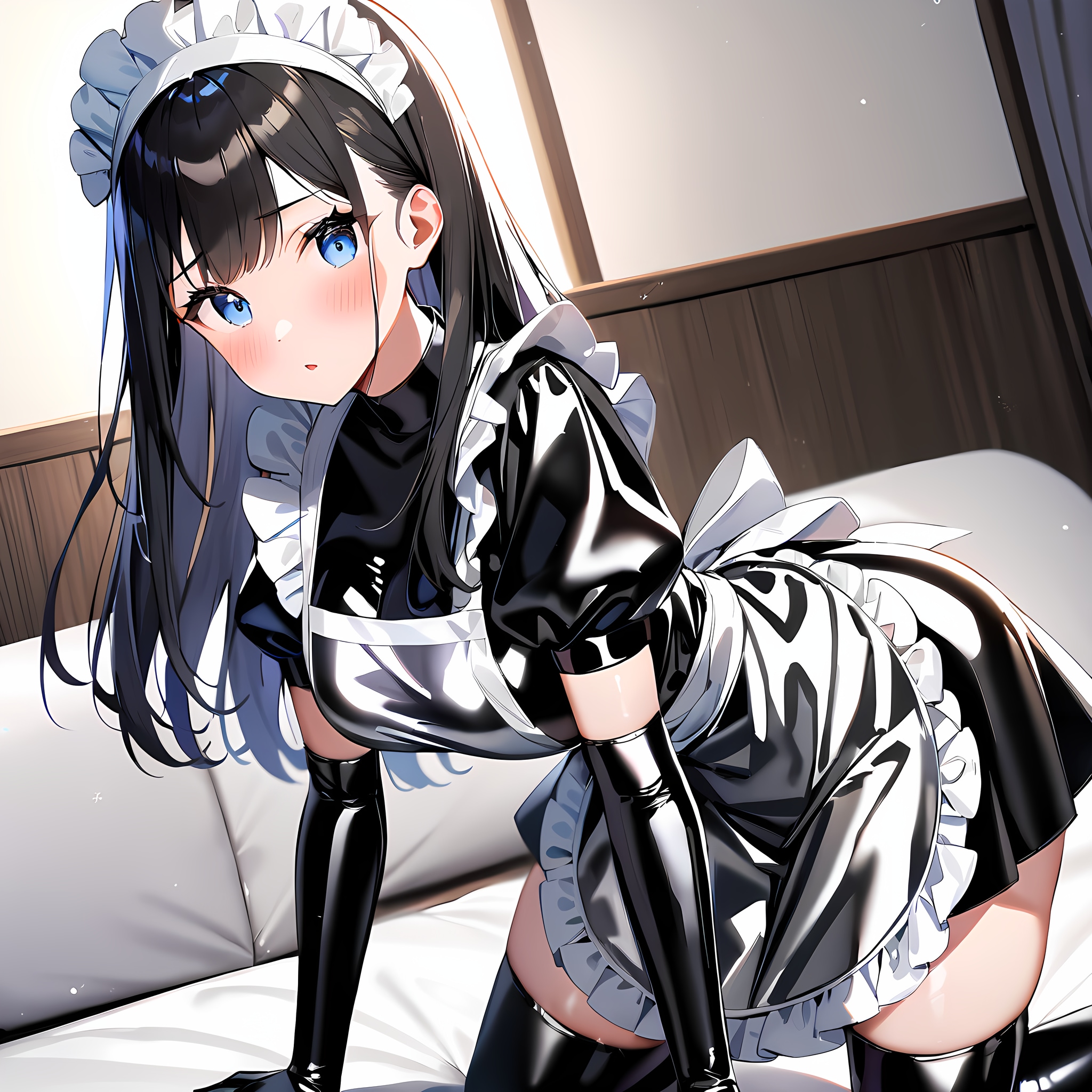 エナメルメイド長手袋サイハイソックス四つん這い