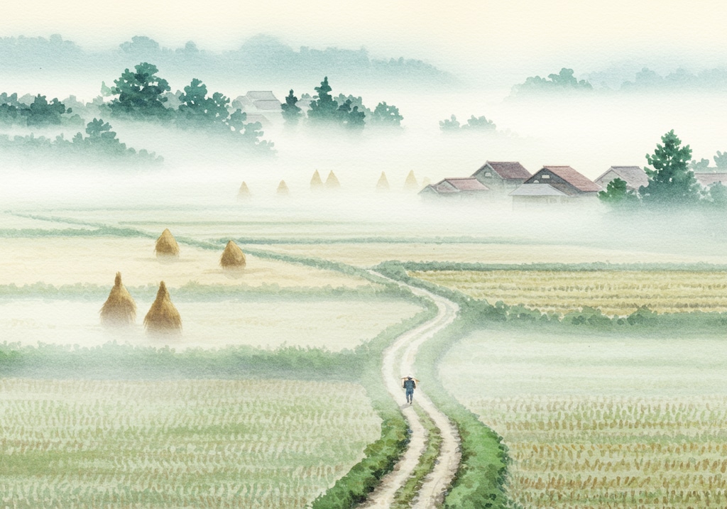 朝霞～積み藁のある風景