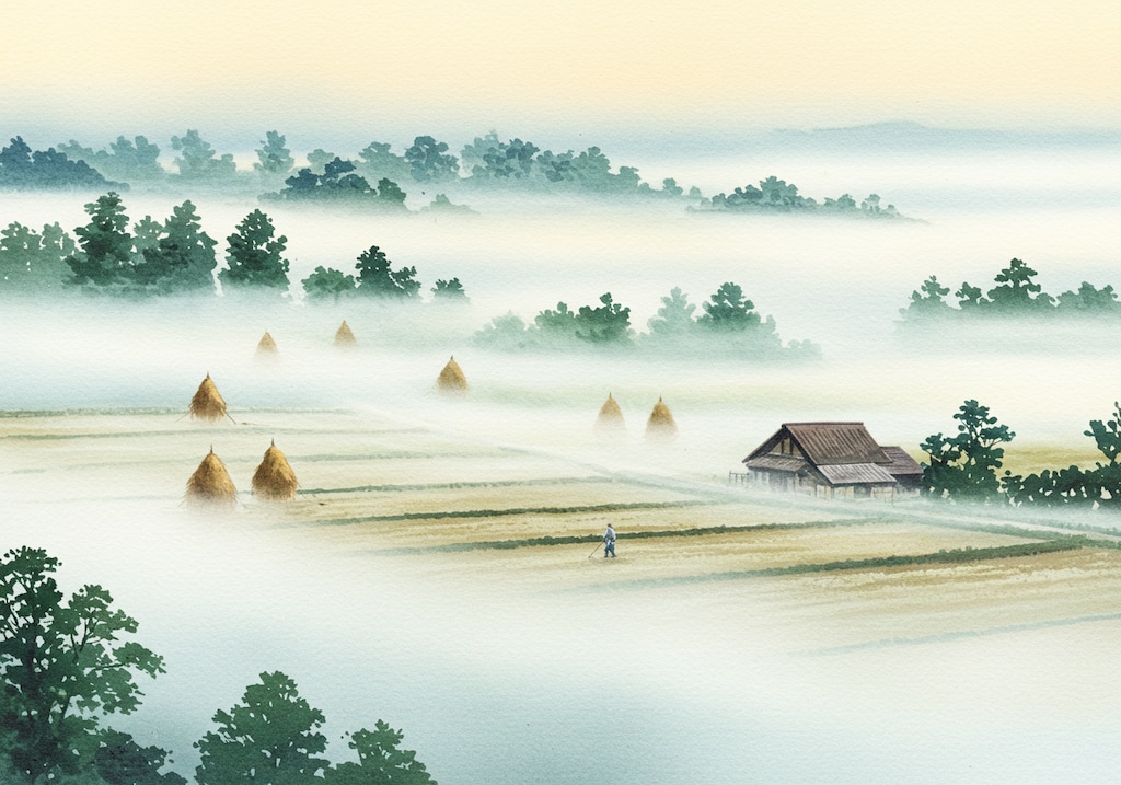 朝霞～積み藁のある風景