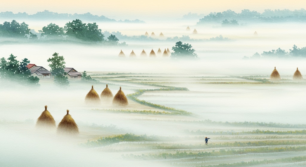 朝霞～積み藁のある風景