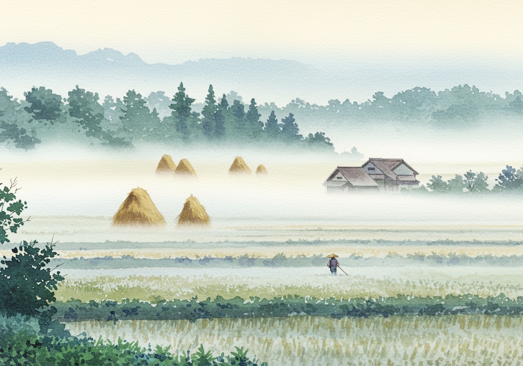 朝霞～積み藁のある風景