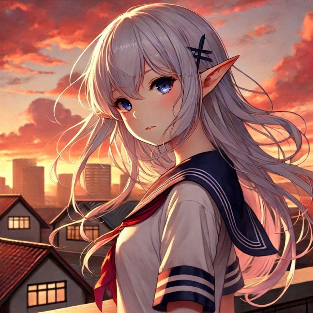 ファンタジー、放課後流し目制服エルフ