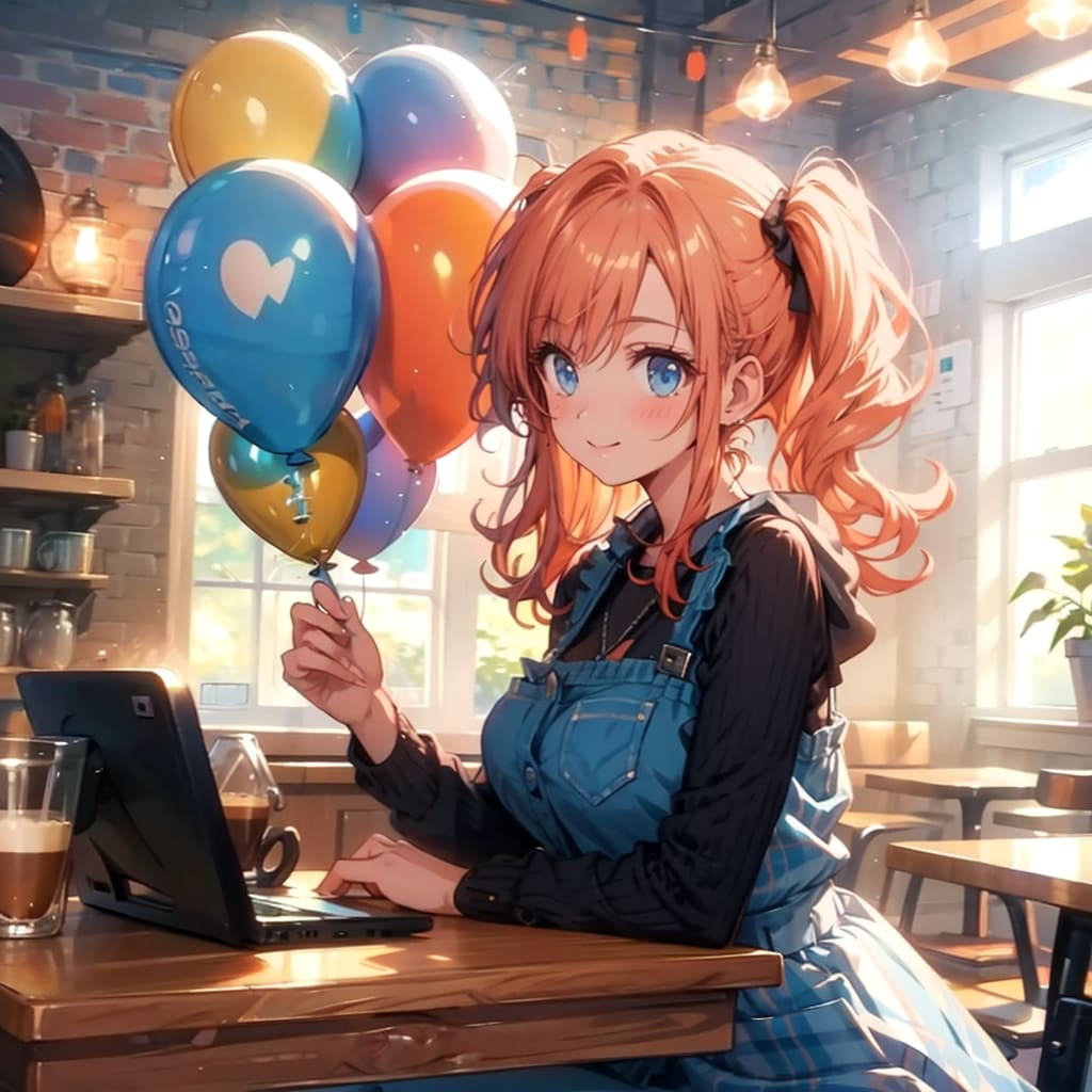 いっぱい色とりどりの風船を持つオレンジ髪ツインテールの喫茶店の美女店員さん
