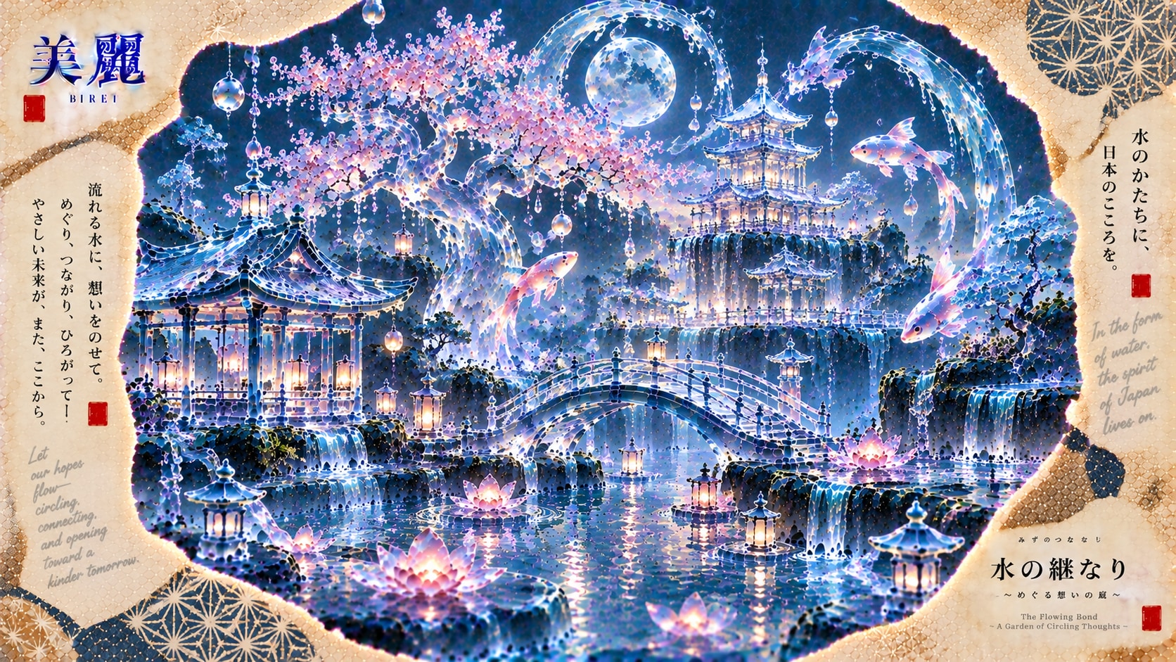 The Flowing Bond, crystal koi circling a moonlit pagoda garden where cherry blossoms and lotus lante | の人気AIイラスト・グラビア