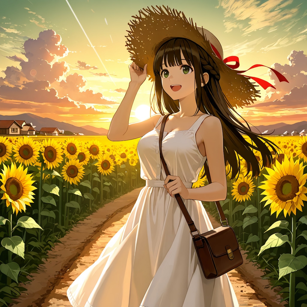 夕陽と向日葵が似合う美少女(モデル：あかり)