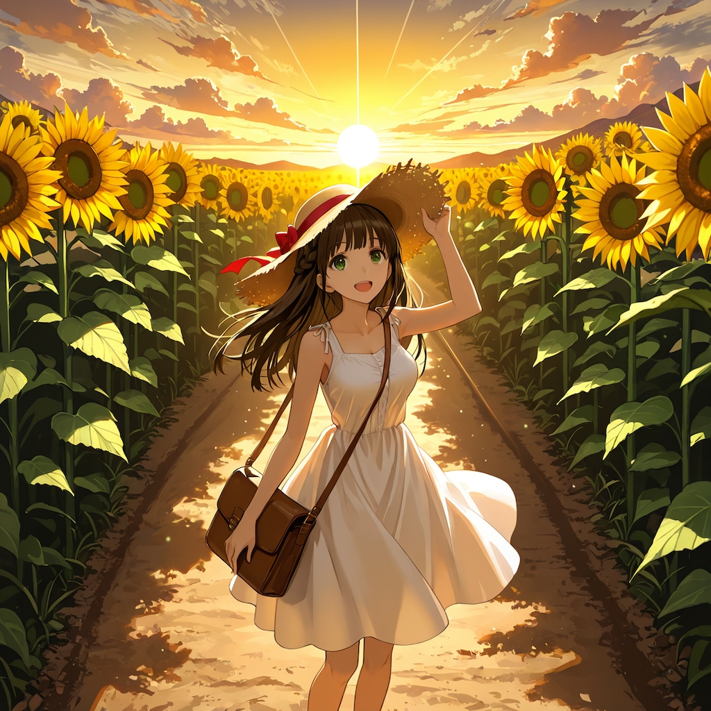 夕陽と向日葵が似合う美少女(モデル：あかり)