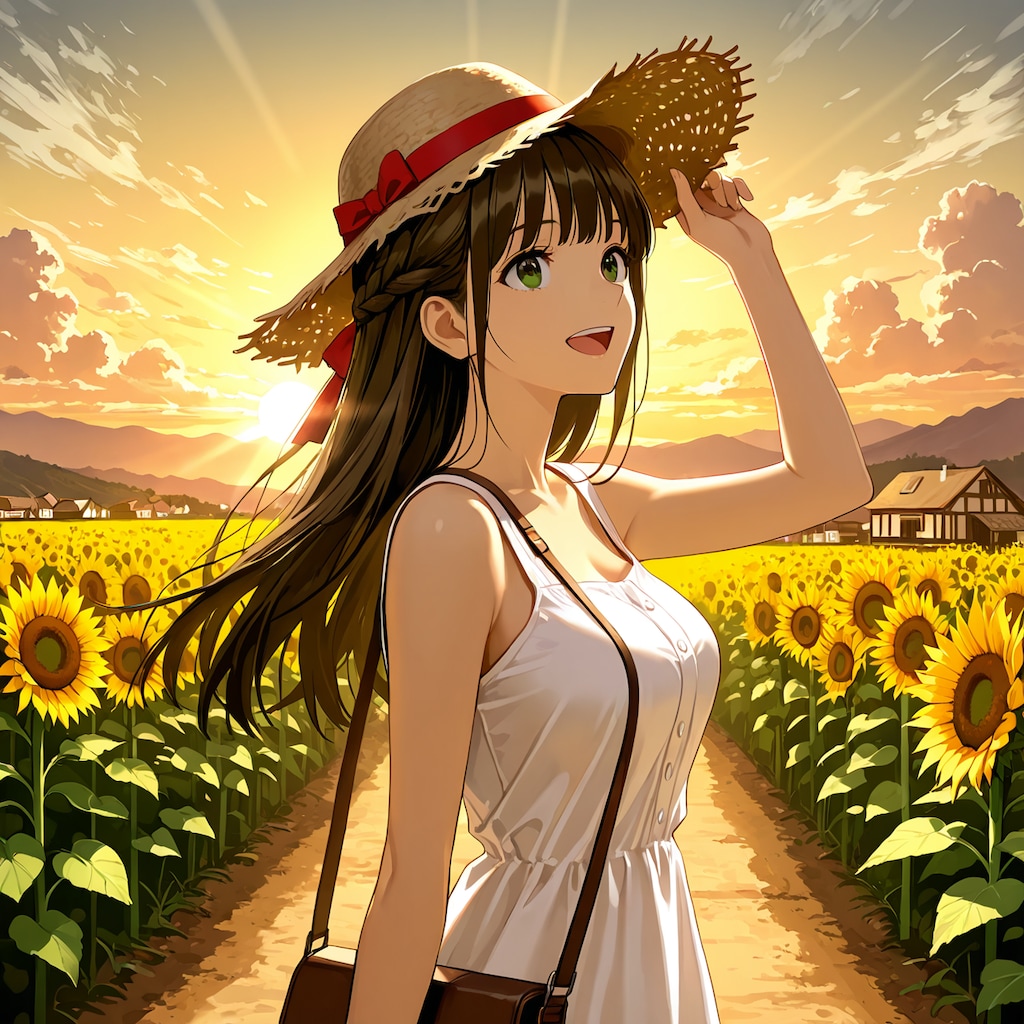 夕陽と向日葵が似合う美少女(モデル：あかり)