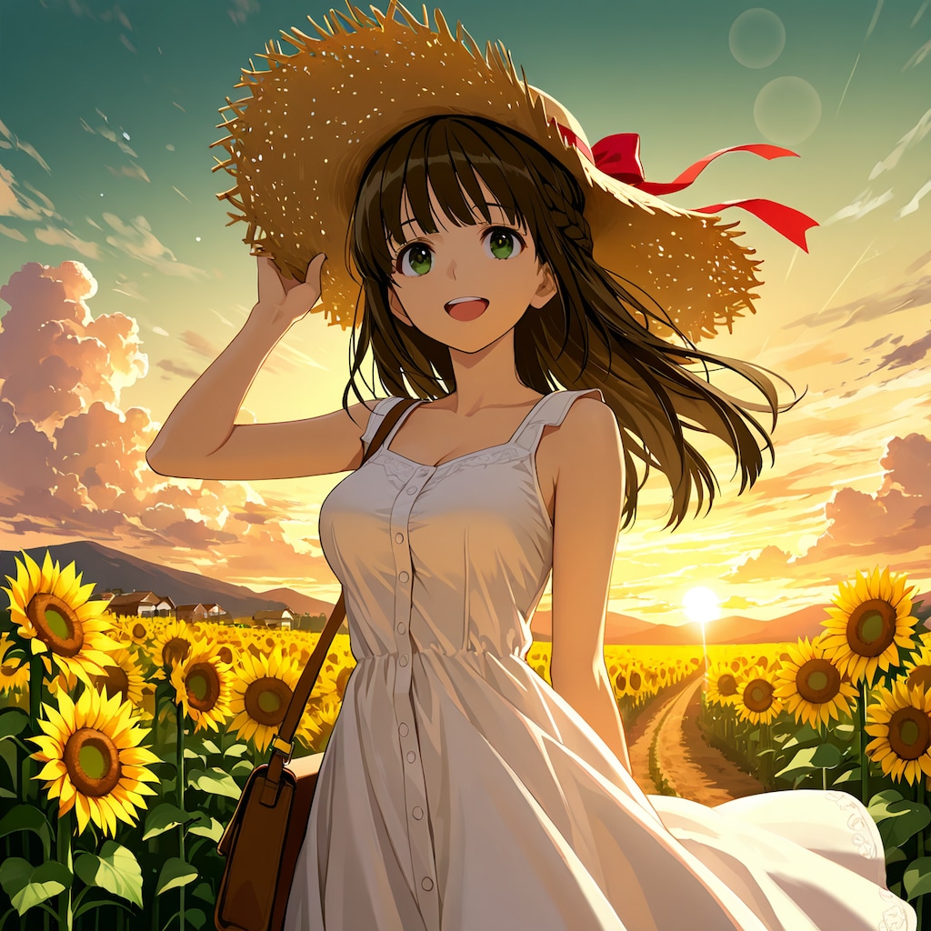 夕陽と向日葵が似合う美少女(モデル：あかり)