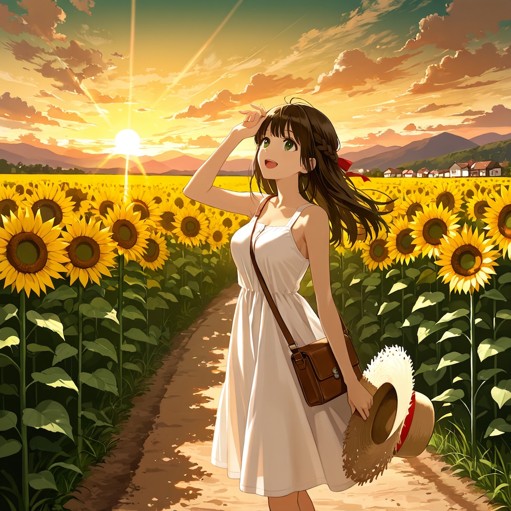 夕陽と向日葵が似合う美少女(モデル：あかり)