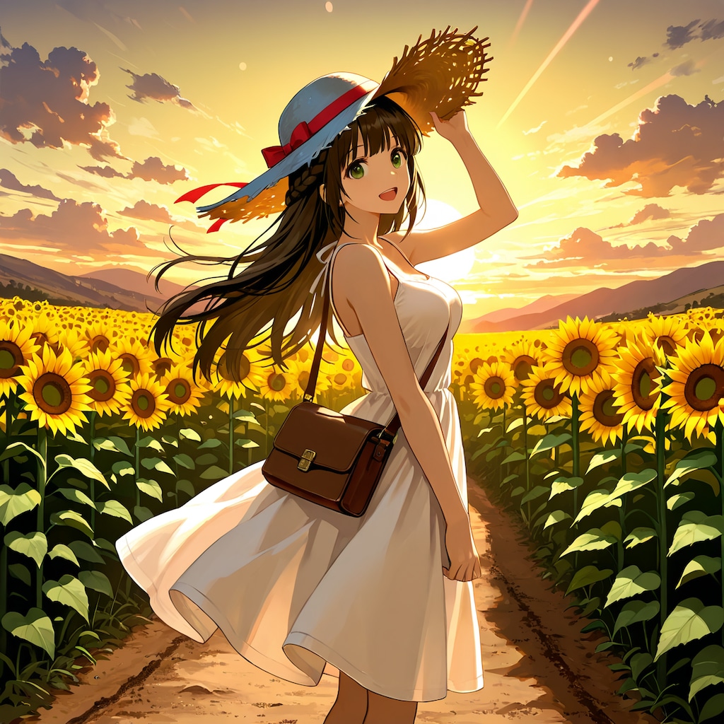 夕陽と向日葵が似合う美少女(モデル：あかり)