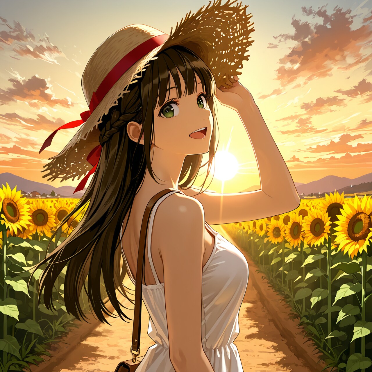 夕陽と向日葵が似合う美少女(モデル：あかり)